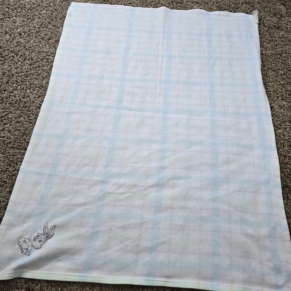 VTG Looney Tunes Baby Bugs Bunny Embroidered Pastel Plaid Fleece Baby Blanket‎